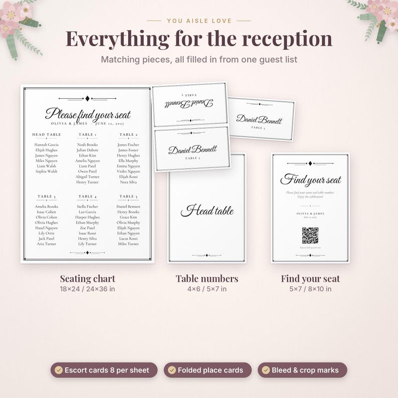 May include: A wedding reception stationery set featuring a large seating chart, table number cards, and a find your seat sign with a QR code. The white paper items have black text and decorative borders. Sizes include 18x24, 24x36, 4x6, 5x7, and 8x10 inches.
