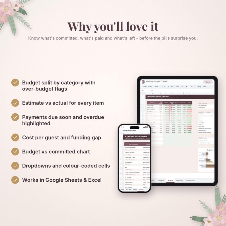 May include: A digital wedding budget tracker displayed on a tablet and smartphone screen. The interface features columns for expenses, payments, and budget categories with color-coded cells, charts, and dropdown menus compatible with Google Sheets and Excel.