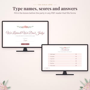 May include: Two computer monitors displaying a digital bachelorette party game titled We Listen & We Don't Judge. The screens show a start page with floral accents and a scoreboard page with team names and points, all in a soft pink color palette.