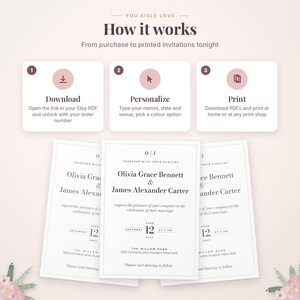 May include: An instructional graphic titled You Aisle Love How it works with three steps: Download, Personalize, and Print. Below, three white wedding invitation cards feature black text with names Olivia Grace Bennett and James Alexander Carter.