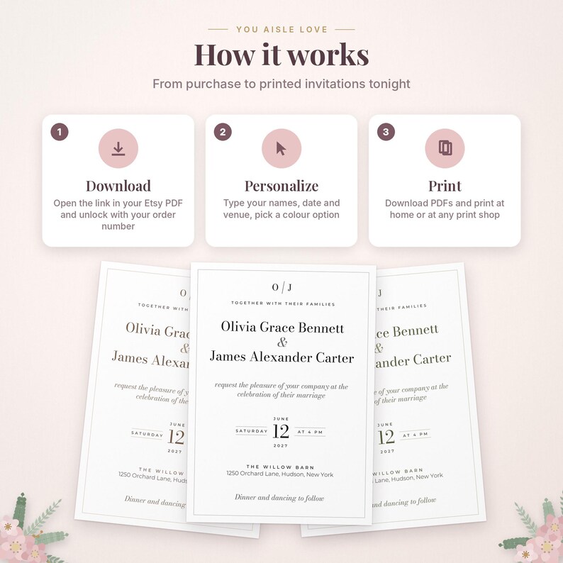 May include: An instructional graphic titled You Aisle Love How it works with three steps: Download, Personalize, and Print. Below, three white wedding invitation cards feature black text with names Olivia Grace Bennett and James Alexander Carter.