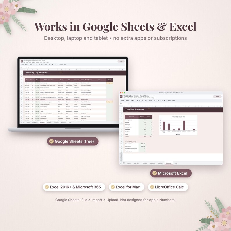 Pode incluir: Um modelo digital de cronograma de casamento exibido em duas telas, compat&iacute;vel com Google Sheets e Excel. A interface apresenta cabe&ccedil;alhos em bord&ocirc; escuro, colunas organizadas para hor&aacute;rios e eventos, e um gr&aacute;fico de barras.