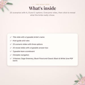 May include: A digital game card titled You Aisle Love, What's inside. It lists 25 scenarios with A, B, and C options. Features include a title slide, host guide, 25 scenario slides, 25 reveal slides, a typeable scoreboard, and three themes.