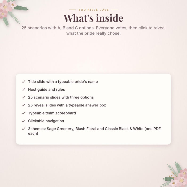 May include: A digital game card titled You Aisle Love, What's inside. It lists 25 scenarios with A, B, and C options. Features include a title slide, host guide, 25 scenario slides, 25 reveal slides, a typeable scoreboard, and three themes.