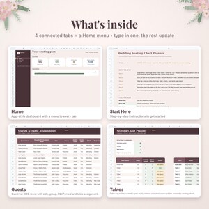 May include: A digital wedding seating chart planner spreadsheet template featuring four tabs: Home, Start Here, Guests, and Tables. The interface displays data tables, progress bars, and summary statistics in a soft color palette with dark text.