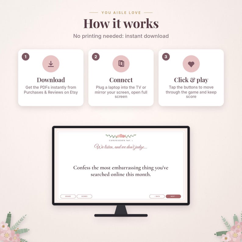 May include: An instructional graphic titled How it works with three steps: Download, Connect, and Click & play. Below, a computer monitor displays a game screen with the text Confess the most embarrassing thing you've searched online this month.