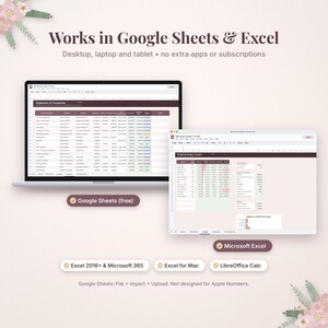 Pu&ograve; includere: Un foglio di calcolo digitale per il monitoraggio del budget di matrimonio visualizzato sullo schermo di un laptop e di un tablet. L'interfaccia presenta colonne per spese, pagamenti e categorie. Il testo include Works in Google Sheets & Excel, Google Sheets (free), Microsoft Excel, Excel 2016+ & Microsoft 365, Excel for Mac, LibreOffice Calc e Google Sheets: File > Import > Upload. Not designed for Apple Numbers.