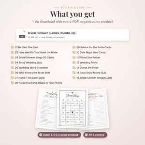 May include: A digital download bundle titled You Aisle Love containing 15 bridal shower games in PDF format. The list includes He Said She Said, Bridal Shower Bingo, and Wedding Trivia. Three printed game sheets are displayed at the bottom.