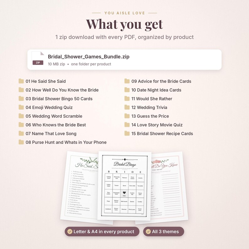 May include: A digital download bundle titled You Aisle Love containing 15 bridal shower games in PDF format. The list includes He Said She Said, Bridal Shower Bingo, and Wedding Trivia. Three printed game sheets are displayed at the bottom.