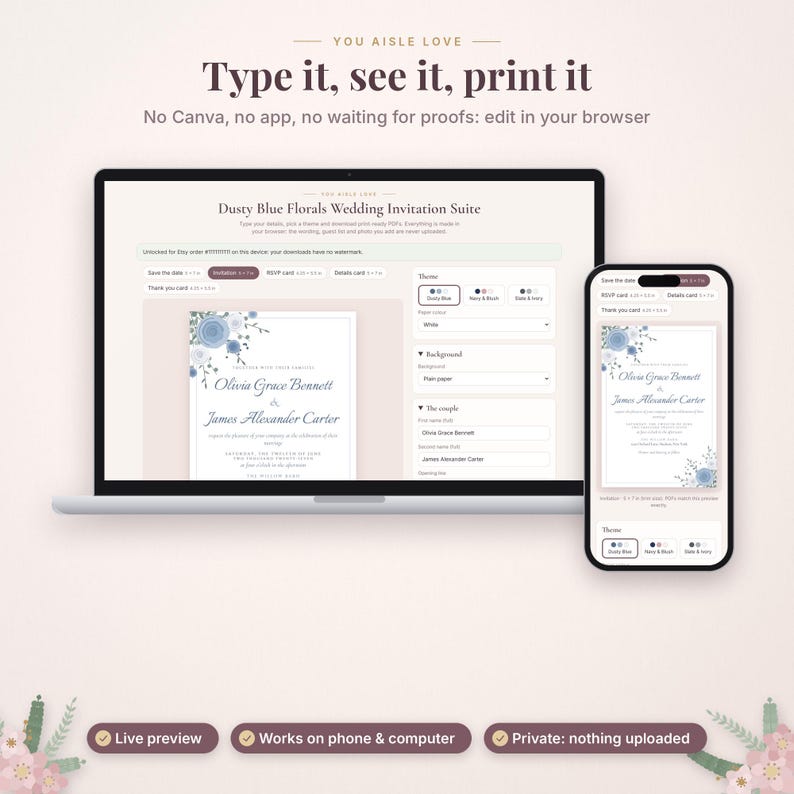 May include: A laptop and a smartphone displaying a digital wedding invitation template editor. The screen shows a Dusty Blue Florals Wedding Invitation Suite with editable text fields, floral graphics, and browser-based customization tools.