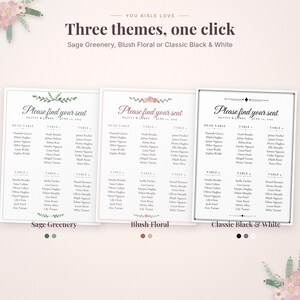 May include: Three wedding seating charts with the text "Please find your seat" and "Olivia & James June 14, 2027". The designs include Sage Greenery, Blush Floral, and Classic Black & White themes with lists of names under table headings.