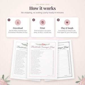 May include: A digital bachelorette scavenger hunt game set featuring three printable sheets with checklists and point values. The top section displays instructions labeled How it works with steps to download, print, and play the game.