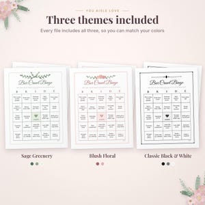 May include: Three Bar Crawl Bingo game cards with the text You Aisle Love and Three themes included. The cards feature Sage Greenery, Blush Floral, and Classic Black & White designs, each with a grid of tasks for a wedding celebration.