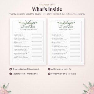 May include: Two white paper sheets featuring Bride Trivia games with green leaf illustrations at the top. One sheet is titled The Love Story Edition and the other is the Host Answer Sheet. Both contain twenty numbered questions with lines for writing answers.