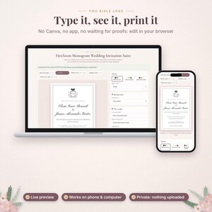 May include: A digital wedding invitation suite editor displayed on a laptop and smartphone screen. The interface shows editable text fields for names and event details, featuring a monogram design with a bow and serif typography.