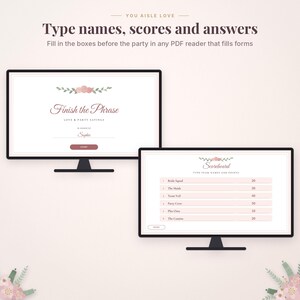 May include: Two computer monitors display digital party game templates. The left screen shows a Finish the Phrase game with floral accents. The right screen displays a Scoreboard with team names and points. Text includes Type names, scores and answers.
