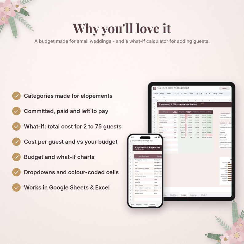 Puede incluir: Una hoja de c&aacute;lculo de presupuesto de boda digital en una tableta y un tel&eacute;fono inteligente. El texto dice Why you'll love it, A budget made for small weddings, y enumera funciones como categor&iacute;as, calculadoras de escenarios y gr&aacute;ficos.
