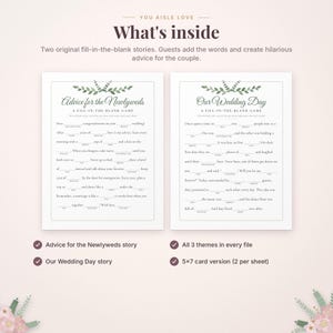 May include: Two fill-in-the-blank wedding game cards titled Advice for the Newlyweds and Our Wedding Day. Each card features green leaf illustrations at the top and blank lines for guests to write words. Text includes What's inside and 5x7 card version.