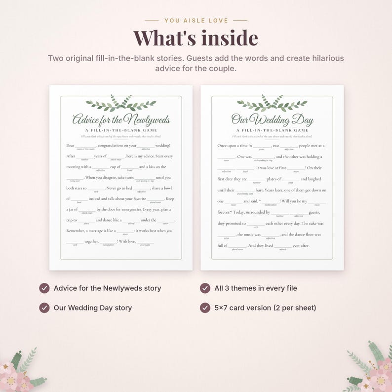 May include: Two fill-in-the-blank wedding game cards titled Advice for the Newlyweds and Our Wedding Day. Each card features green leaf illustrations at the top and blank lines for guests to write words. Text includes What's inside and 5x7 card version.