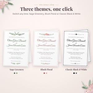 May include: Three wedding invitation templates titled You Aisle Love, Three themes, one click. Options include Sage Greenery, Blush Floral, and Classic Black & White. Each card displays names Olivia Grace Bennett and James Alexander Carter.