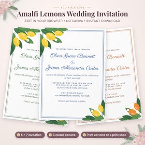 Może przedstawiać: Trzy szablony zaproszeń ślubnych zatytułowane Amalfi Lemons Wedding Invitation. Każda karta zawiera ilustracje ż&oacute;łtych cytryn z zielonymi liśćmi, cienką ramkę oraz tekst ogłaszający ślub Olivii Grace Bennett i Jamesa Alexandra Cartera.