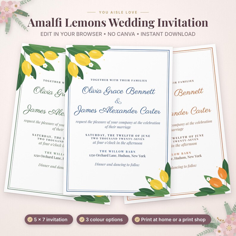Może przedstawiać: Trzy szablony zaproszeń ślubnych zatytułowane Amalfi Lemons Wedding Invitation. Każda karta zawiera ilustracje ż&oacute;łtych cytryn z zielonymi liśćmi, cienką ramkę oraz tekst ogłaszający ślub Olivii Grace Bennett i Jamesa Alexandra Cartera.