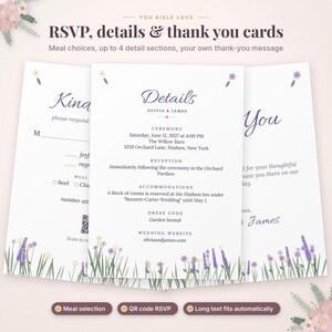 May include: A set of three white wedding stationery cards featuring purple floral illustrations at the bottom. The cards include RSVP, details, and thank you text with the names Olivia and James, ceremony information, and a QR code for scanning.