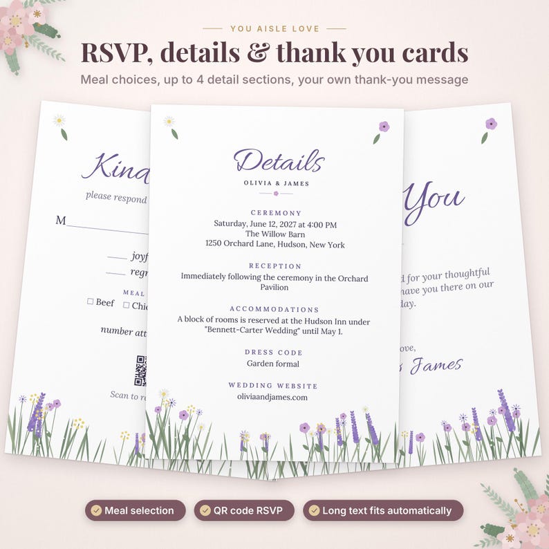 May include: A set of three white wedding stationery cards featuring purple floral illustrations at the bottom. The cards include RSVP, details, and thank you text with the names Olivia and James, ceremony information, and a QR code for scanning.