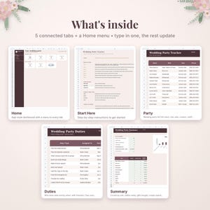 May include: A digital wedding party planner template featuring five connected tabs and a home menu. The interface displays a dashboard, start instructions, a party tracker, duty list, and summary page with a light pink and dark brown color scheme.