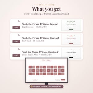 May include: A digital product listing showing three PDF files titled Finish_the_Phrase_TV_Game in Sage, Blush, and Classic themes. Below, a computer monitor displays a Pick a Phrase screen with thirty numbered buttons and typeable boxes.