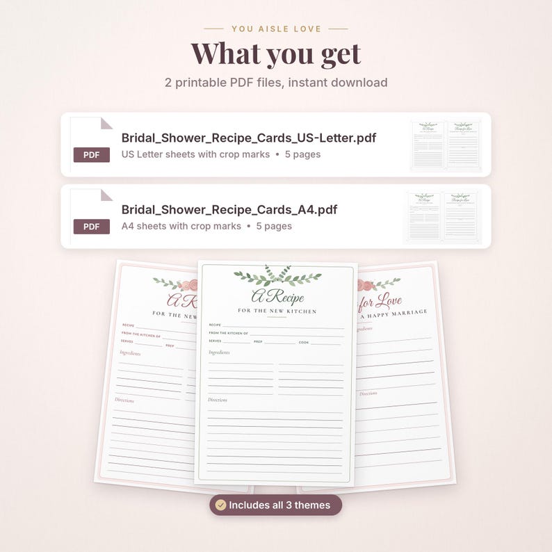 Pode incluir: Dois arquivos PDF digitais para cart&otilde;es de receitas de ch&aacute; de panela, incluindo formatos US Letter e A4. Os cart&otilde;es apresentam ilustra&ccedil;&otilde;es florais, o texto A Recipe FOR THE NEW KITCHEN e linhas para ingredientes e instru&ccedil;&otilde;es de preparo.