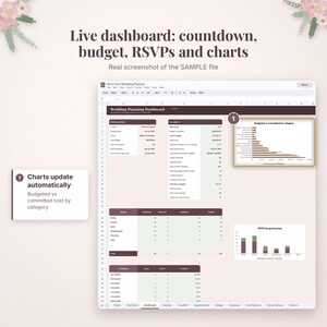 Puede incluir: Un panel de control digital de planificaci&oacute;n de bodas en hoja de c&aacute;lculo con cuenta regresiva, seguimiento de presupuesto, lista de confirmaciones y gr&aacute;ficos. La interfaz muestra tablas de detalles, asistencia y tareas.