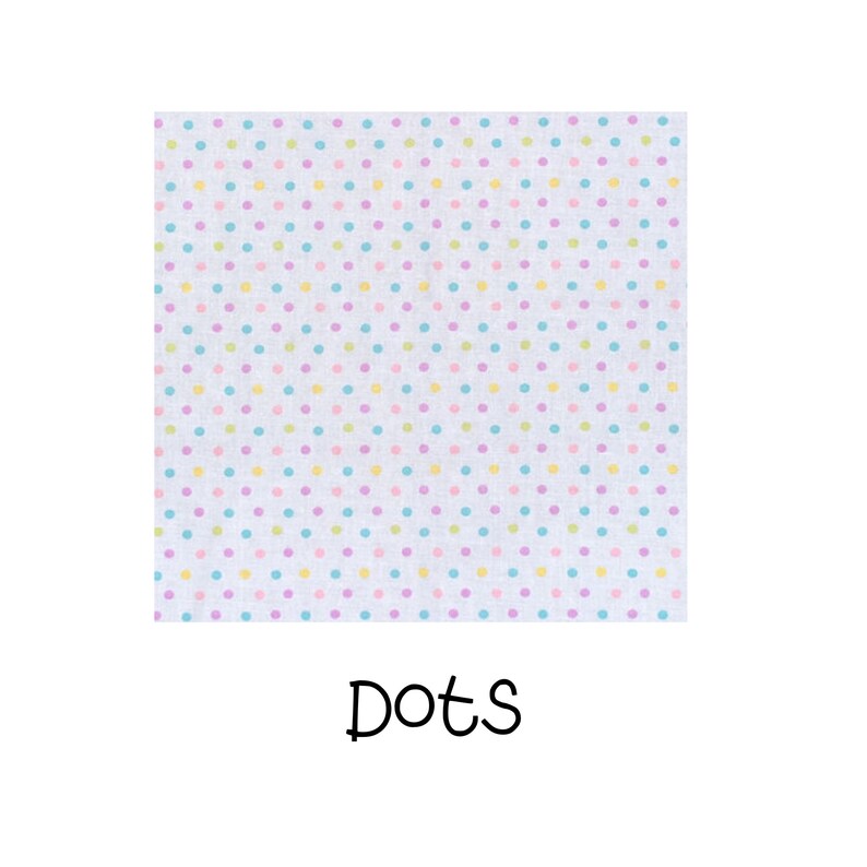 Pastel polka dots on white, a fabric option for reusable gift bags from the Easter and springtime collection at Reese and Co shop