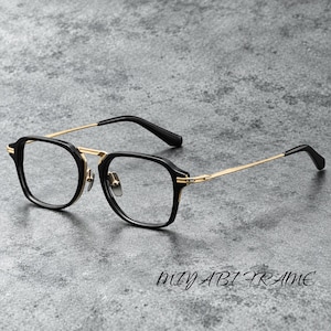 Black Gold Titanium Combination Eyeglass Frame, Retro Square Shape with Sculpted Bridge