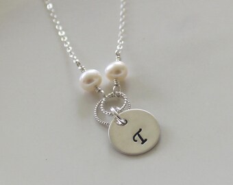 Personalized initial necklace,  silver freshwater pearl, initial jewelry, initial necklace, personalized jewelry, wedding party gift