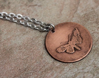 Butterfly necklace, rustic necklace, copper necklace, etched necklace, etched butterfly, rustic butterfly, oxidized copper, copper jewelry