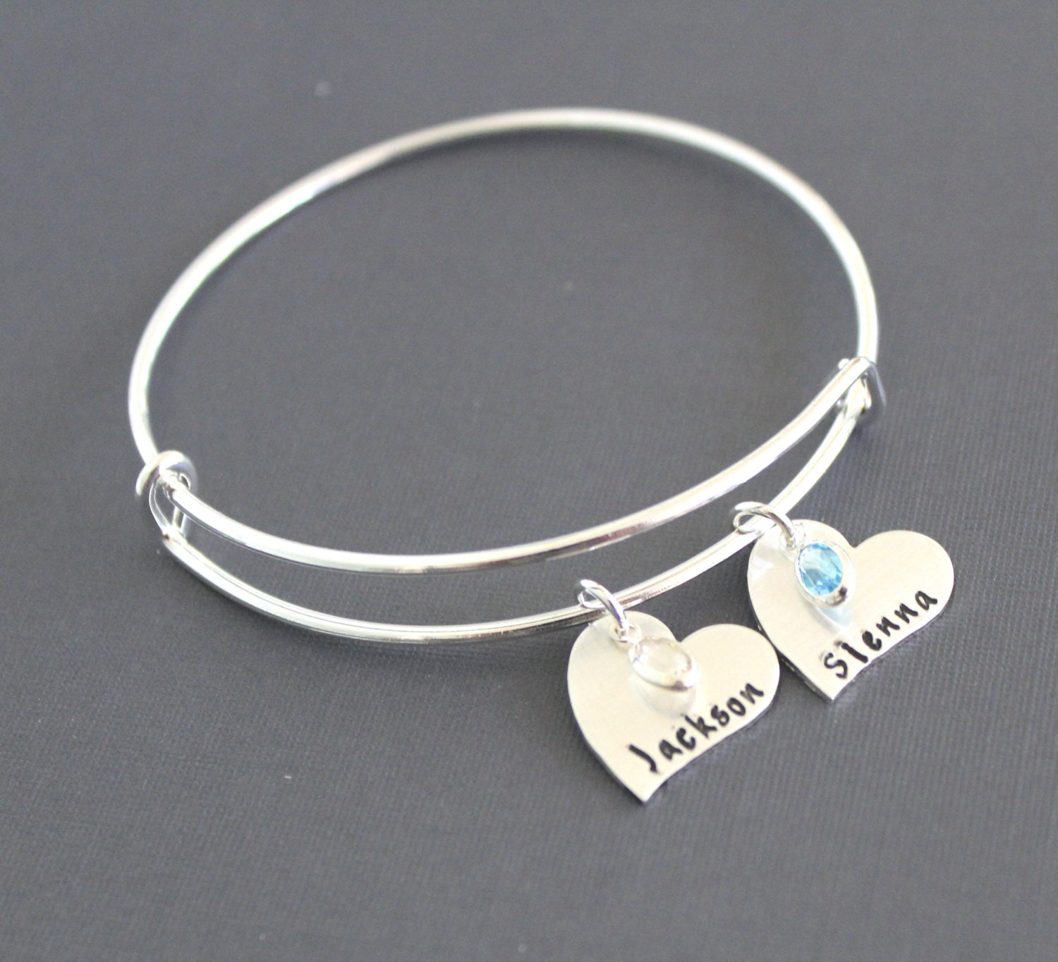 Name Bangle Bracelet, Tilted Heart/birthstone Bracelet, Silver Name Bracelet, Silver Charm