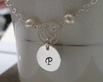 Pearl and sterling silver personalized initial bracelet