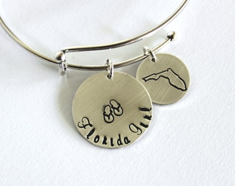 Florida girl bracelet, Personalized bangle, state love, florida love, adjustable bangle bracelet, silver bracelet, bangle charm bracelet