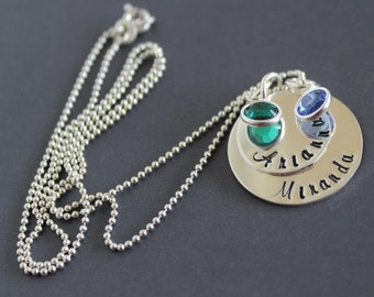 Mothers necklace, birthstone, two disc, hand stamped,  sterling silver, grandmother necklace, children names, personalize necklace