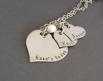 personalized Grandmother necklace, stainless steel, children's names, Nana necklace,  hand stamped