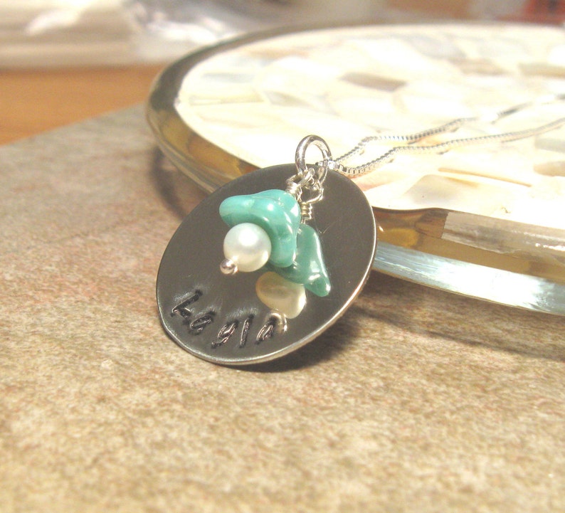 Personalized name necklace Sterling handstamped necklace with flower charm