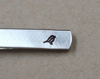 Bird handstamped tie bar aluminum or nugold available in 3 lengths