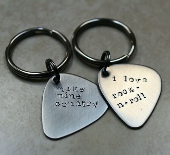 Guitar pick keychain Handstamped stainless steel Make Mine Etsy
