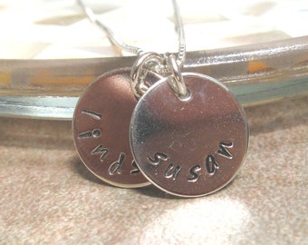 Hand stamped personalized name necklace two disc sterling