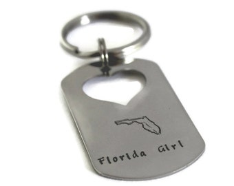 Hand stamped state keychain Florida, Florida love keychain, personalized keychain, stainless steel state keychain, Florida girl keychain