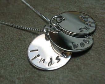 Personalized mothers necklace, 3 silver discs with childrens names and optional birthstones