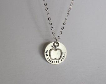 Teacher necklace, personalized necklace, best teacher ever, teacher gift, silver necklace, hand stamped necklace, charm necklace