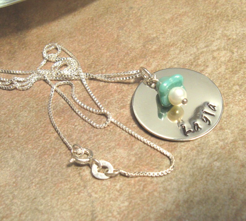 Personalized name necklace Sterling handstamped necklace with flower charm