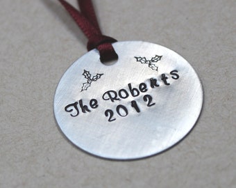 personalized Christmas ornament, family ornament, name ornament, Hand stamped, Christmas, holidays, keepsake ornament, aluminum ornament